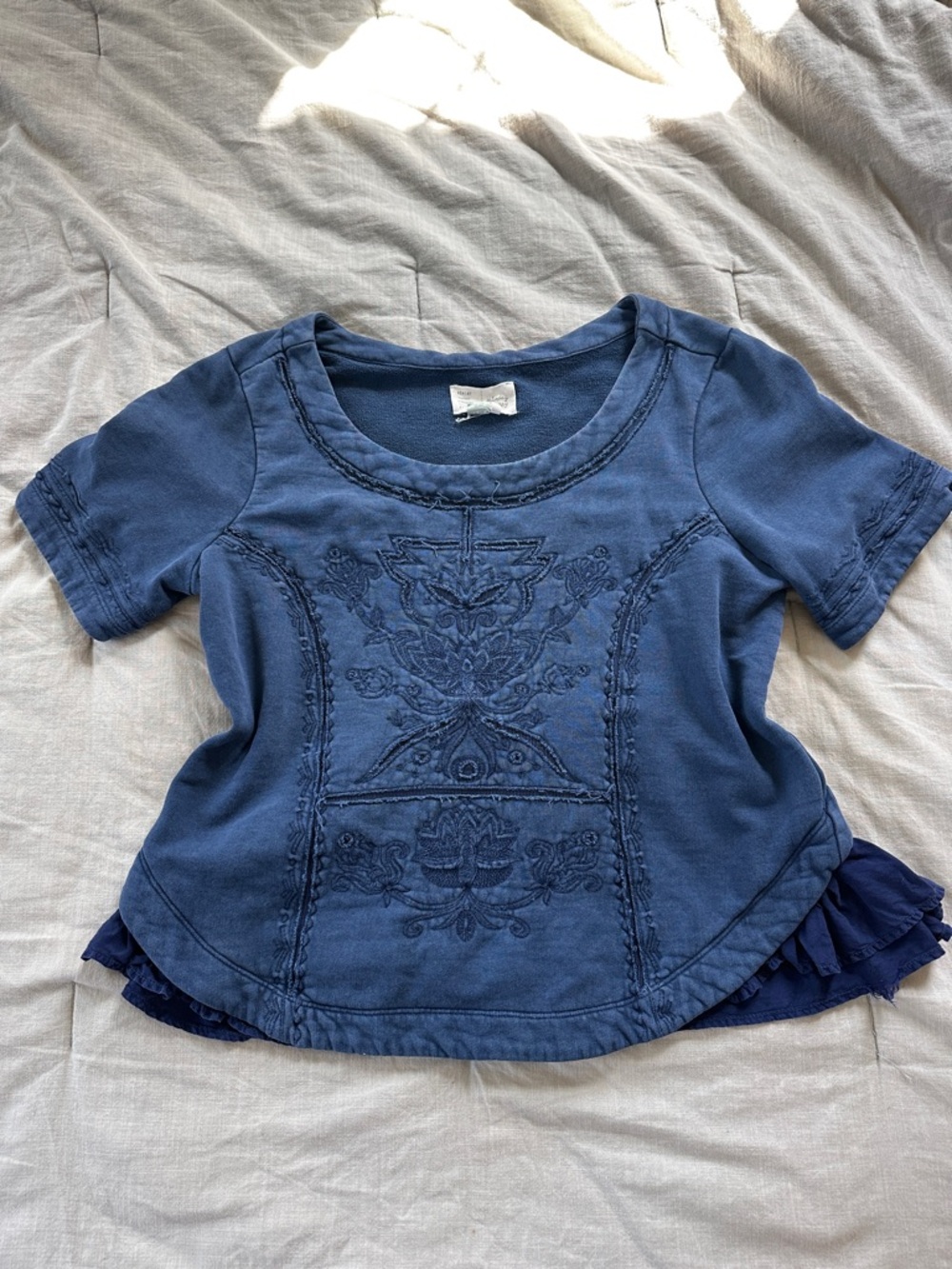 Free People Blue Embroidered Short Sleeve Top
